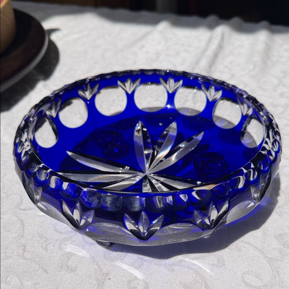 Vintage Cobalt Blue Cut Glass Decorative Bowl - Home Art 8” width , 3” tall